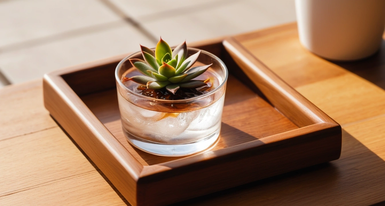 melting ice cube on dry wooden coaster w 1