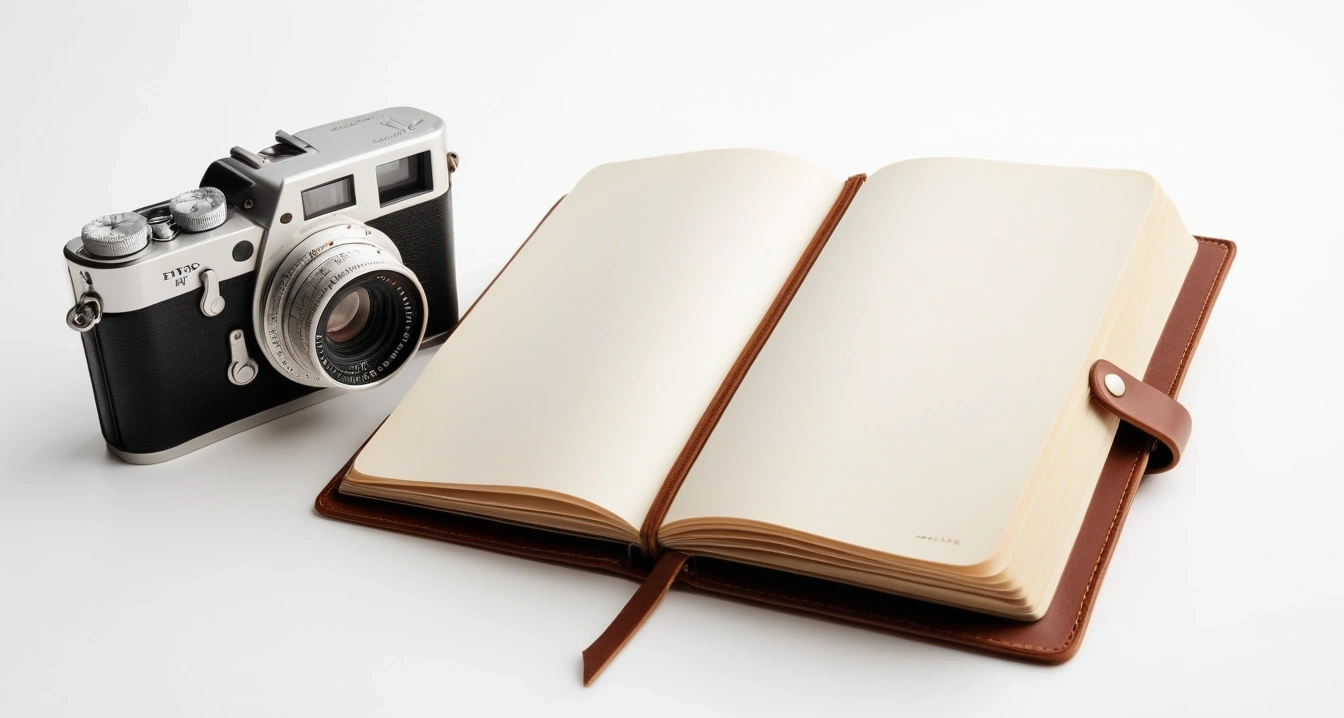 베타카로틴<br>- 해외 프리미엄 리테일의 베타카로틴 식단 트렌드 (a vintage leather travel journal, a sleek modern camera, and a clean vintage travel compass)