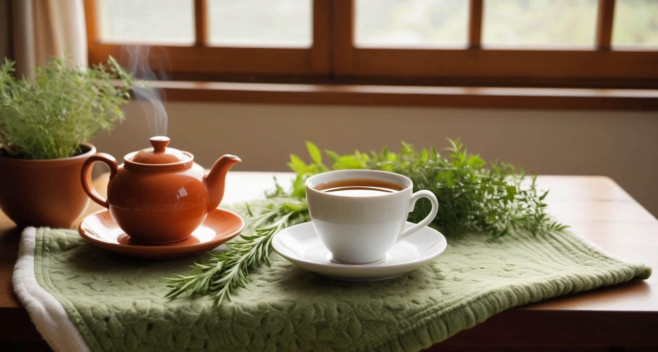 냉방병 - 여름철 냉방병 증상과 에어컨 실내 온도 관리의 상관관계 (concept of A cozy blanket and a cup of hot tea, a pristine bright herbal medicine preparation table, fresh green healing herbs, no people)
