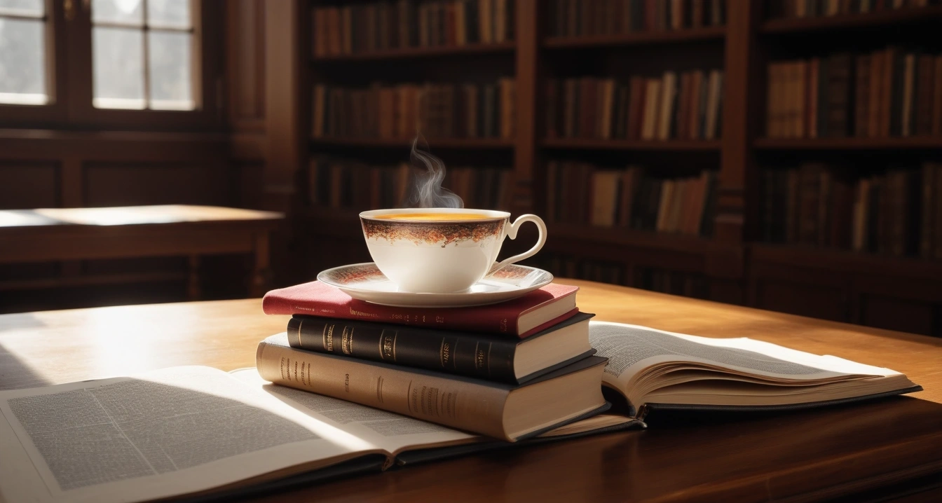 냉방병 - 면역력 저하 방지를 위한 비타민 D 영양제 섭취 지침 (concept of A cozy blanket and a cup of hot tea, a beautifully arranged stack of classic literature books, elegant library table, no people)