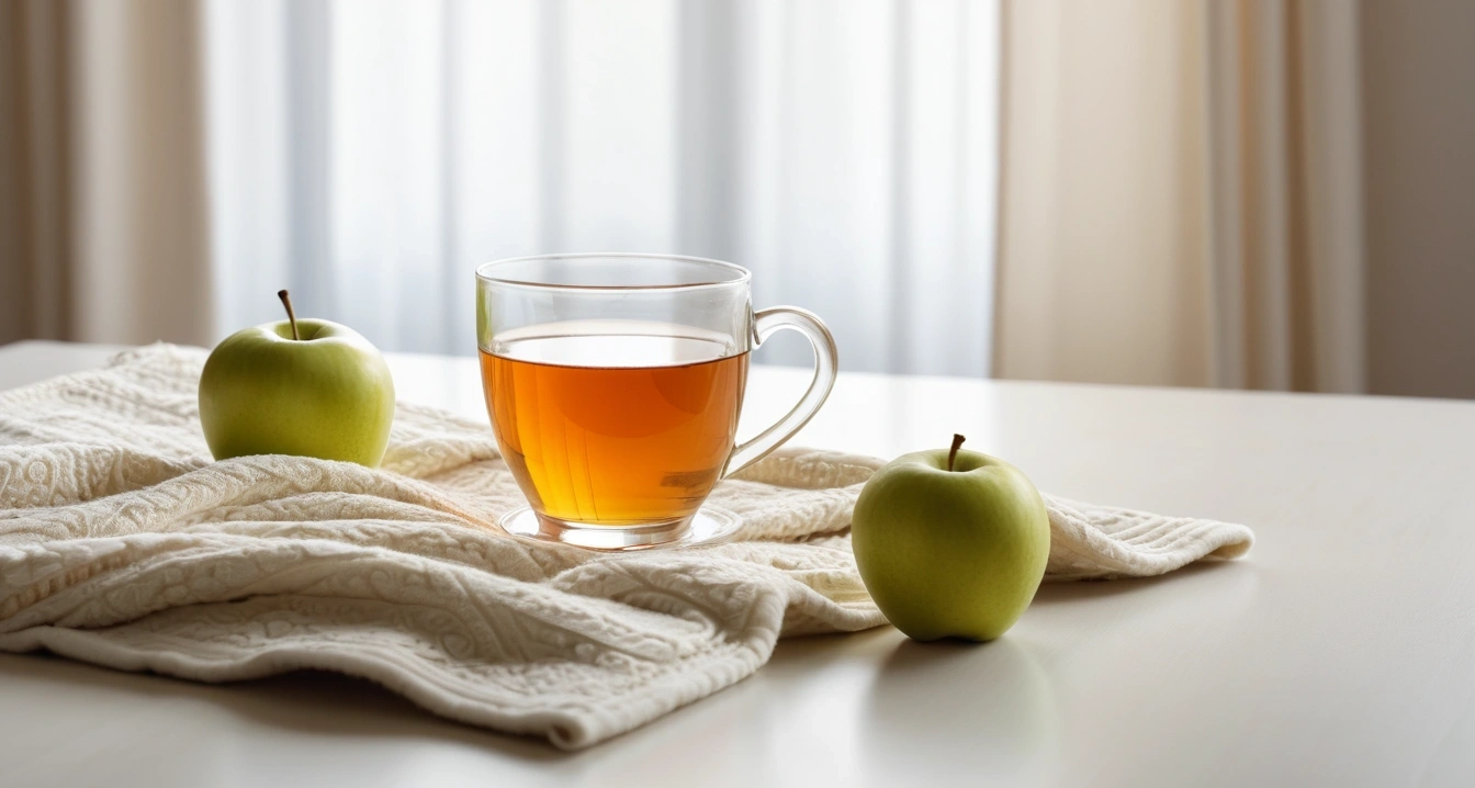 냉방병 - 흡수율을 높이는 비타민C 제품 선택과 올바른 섭취 시간 (concept of A cozy blanket and a cup of hot tea, a neat arrangement of healthy daily vitamins and fresh green apples, wellness concept, no people)