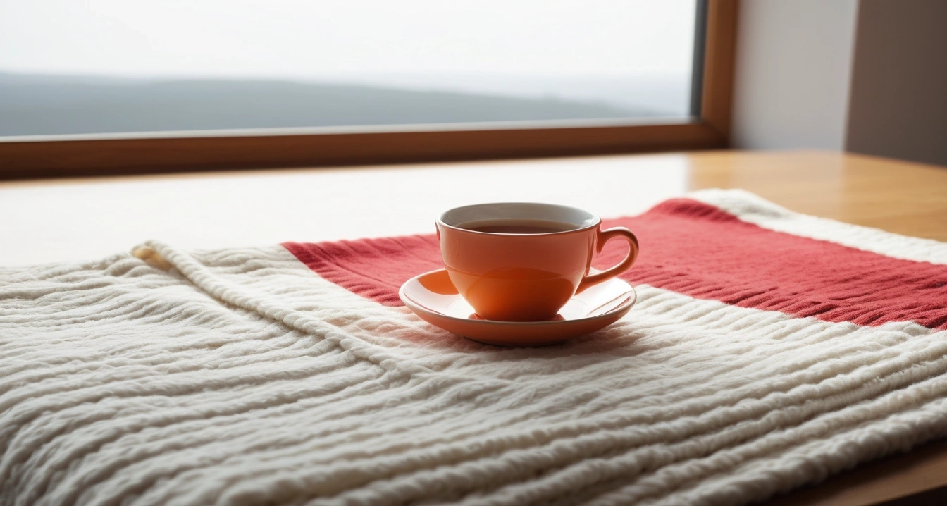 냉방병 - 유산균과 마그네슘을 활용한 냉방병 증상 완화 솔루션 (concept of A cozy blanket and a cup of hot tea, a clean minimalist workspace, organized colorful stationery, productivity aesthetic, no people)