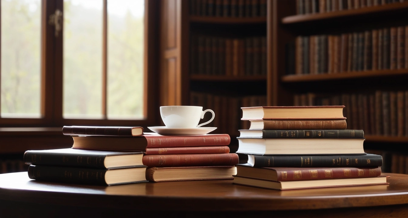 냉방병 - 혈액 순환 개선을 위한 오메가3 지방산 영양제 가이드 (concept of A cozy blanket and a cup of hot tea, a beautifully arranged stack of classic literature books, elegant library table, no people)