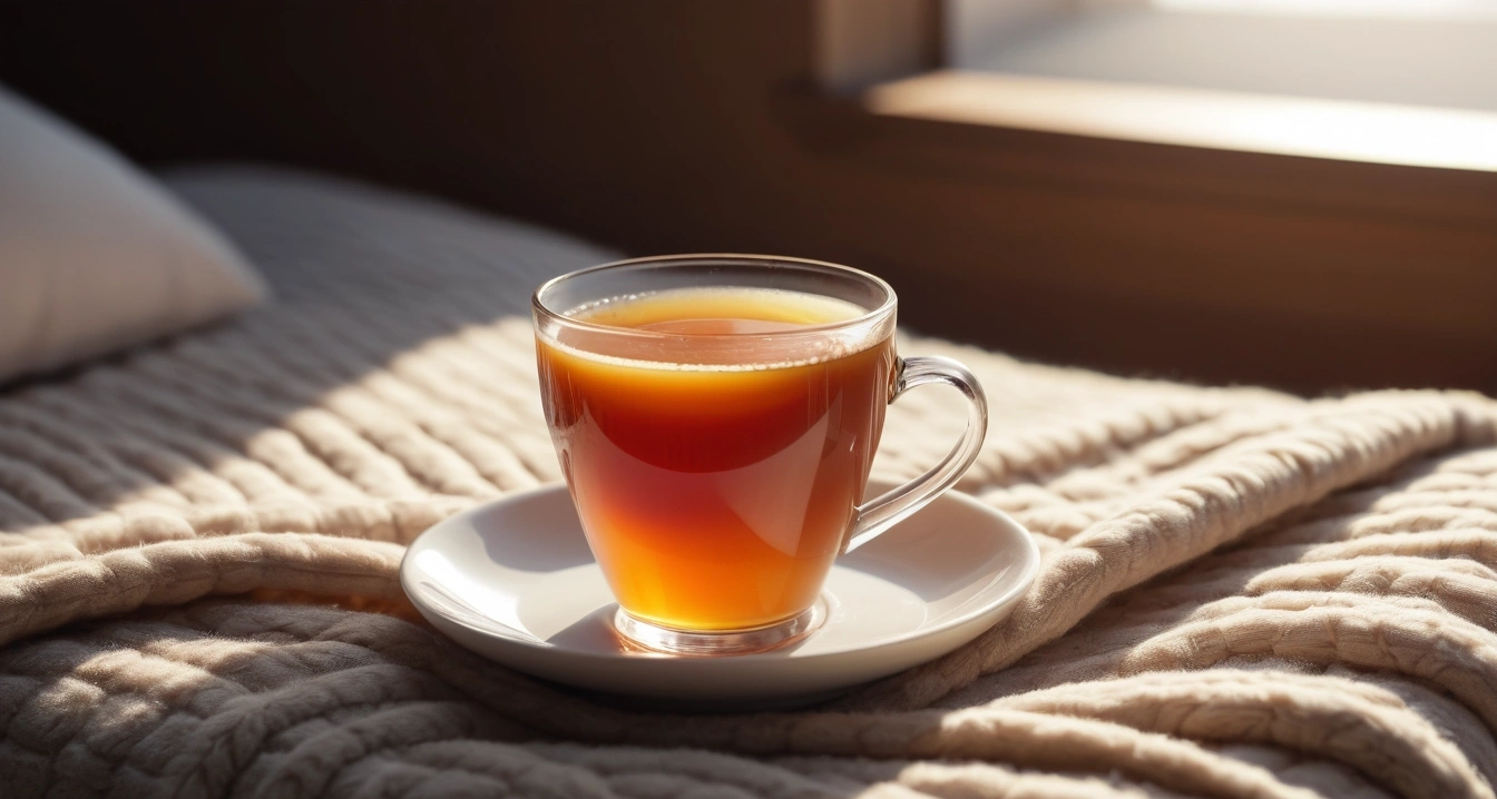 냉방병 - 생활 속 냉방병 사전 관리와 활력 증진을 위한 건강 관리 가이드 (concept of A cozy blanket and a cup of hot tea, close-up of a modern digital thermometer and a warm cup of herbal tea, health recovery, no people)