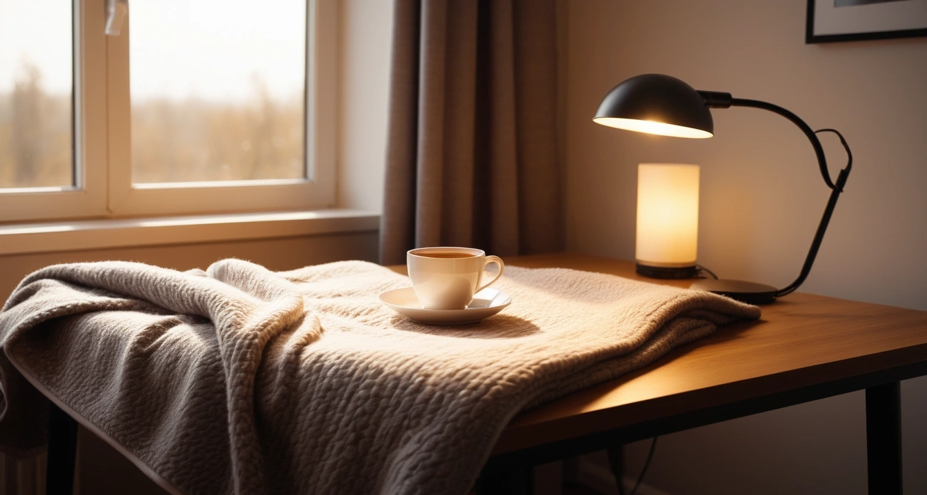 냉방병 - 냉방병 극복을 위한 필수 영양제 조합과 안전한 섭취 루틴 (concept of A cozy blanket and a cup of hot tea, a neatly organized modern study desk, warm desk lamp, no people)