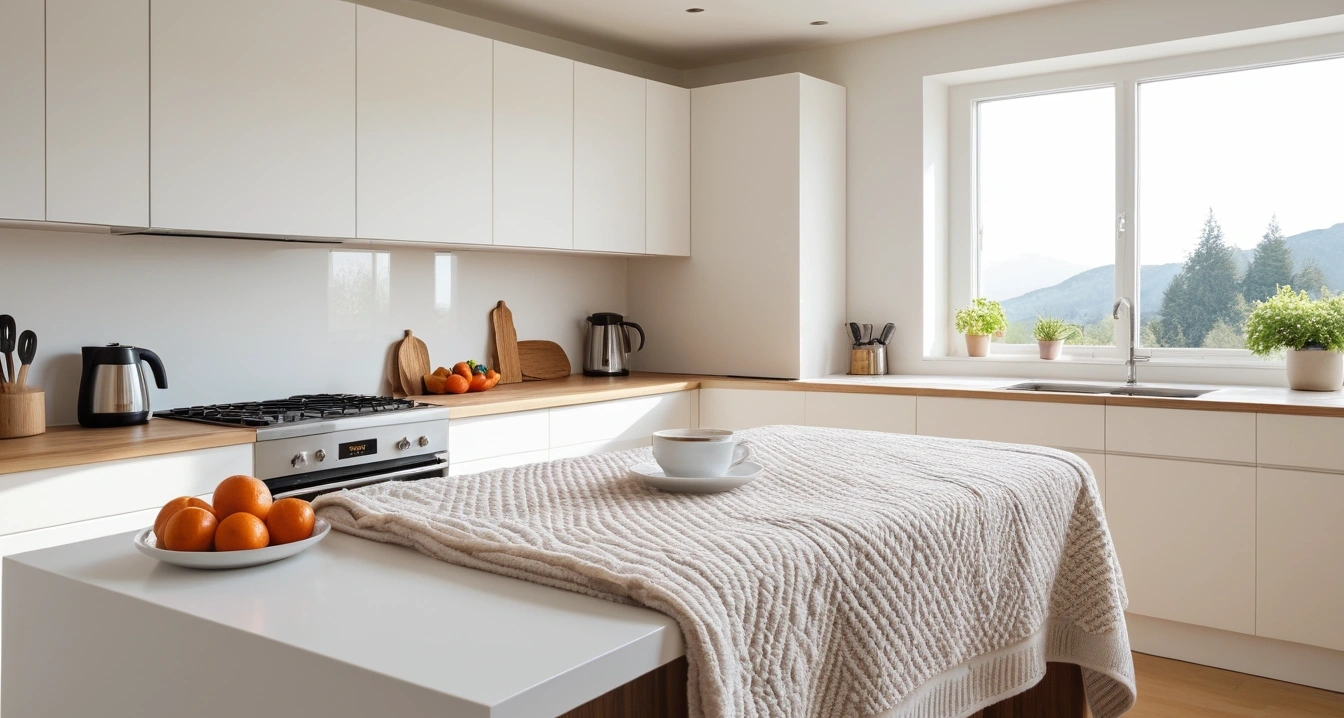 냉방병 - 신체 항상성 유지를 위한 칼슘과 마그네슘 영양제 조합 (concept of A cozy blanket and a cup of hot tea, a pristine modern kitchen island, fresh vegetables, aesthetic coffee maker, no people)