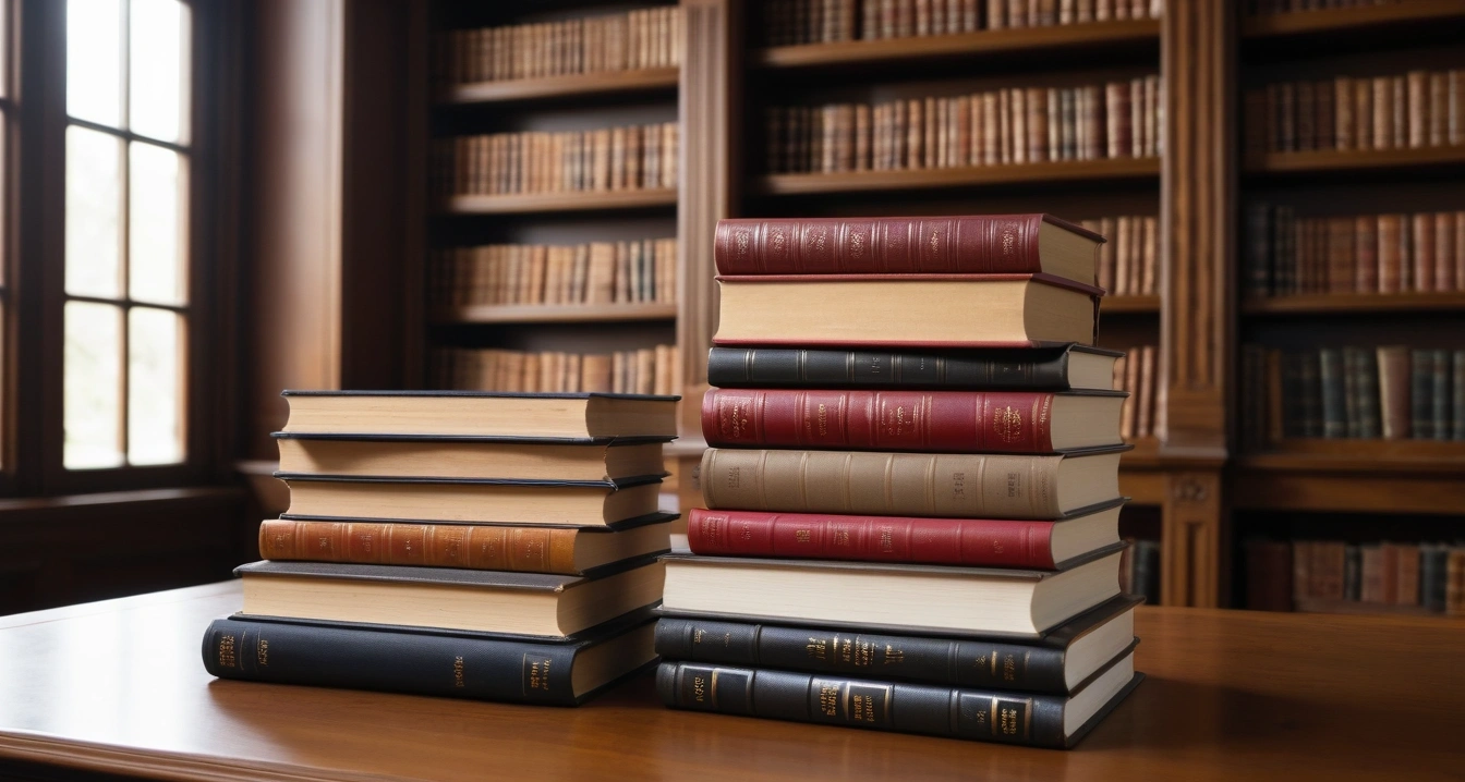 안티에이징 - 잘못된 스킨케어 습관과 화장품의 역설 (concept of anti aging, a beautifully arranged stack of classic literature books, elegant library table, no people)