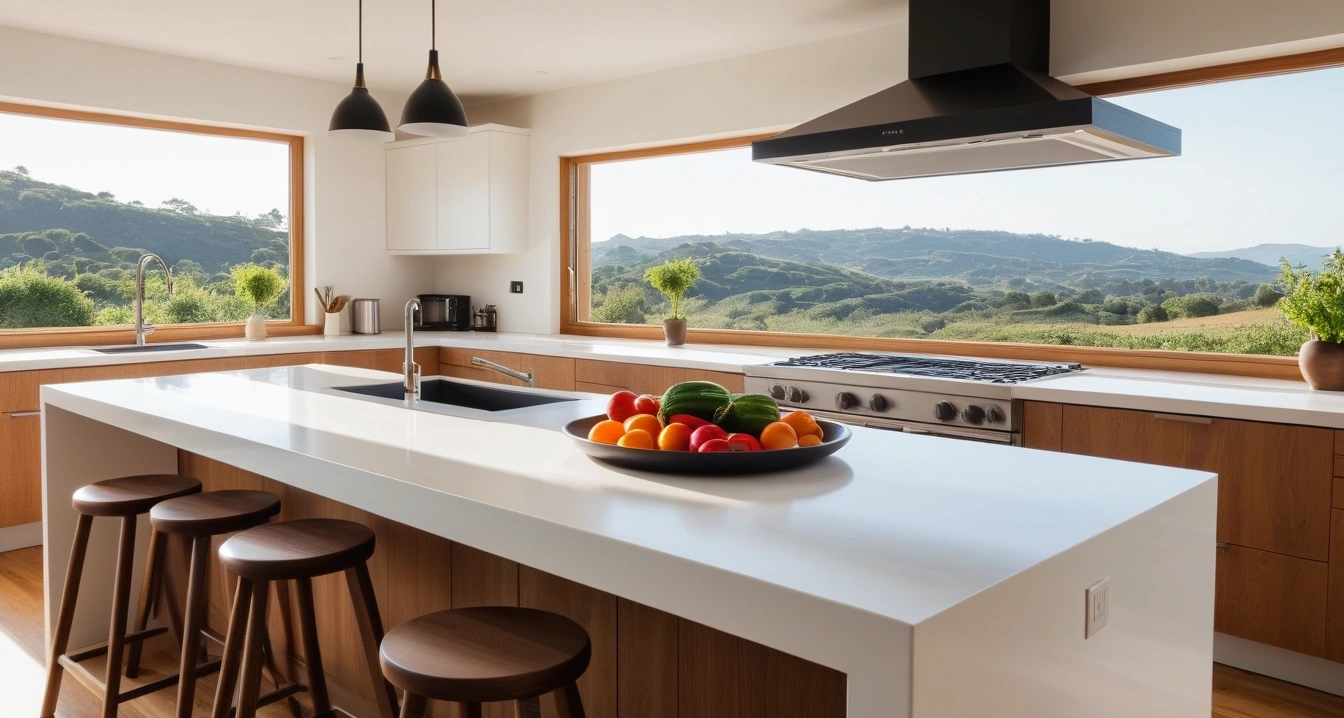 노화 방지 - 비건 안티에이징의 진실 (concept of anti aging, a pristine modern kitchen island, fresh vegetables, aesthetic coffee maker, no people)