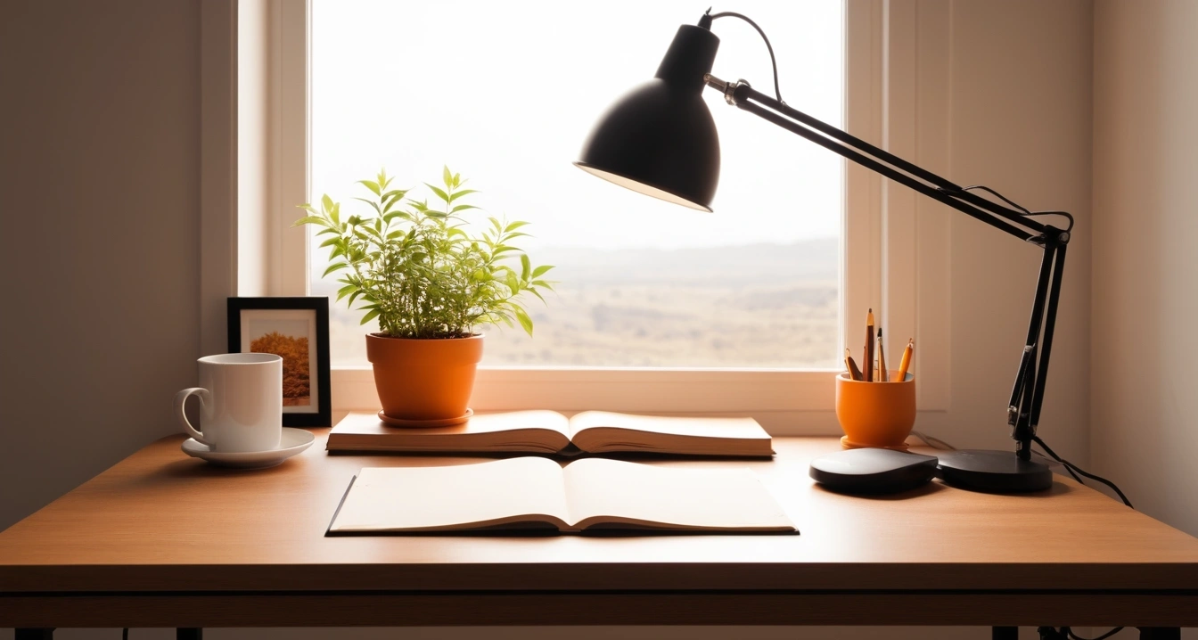 항산화제 - 선크림과 항산화제 제품의 완벽한 레이어링 전략 (concept of antioxidant, a neatly organized modern study desk, warm desk lamp, no people)