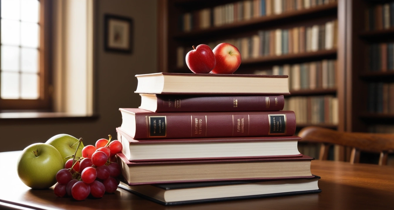 항산화 영양제 - 항산화 영양제 중복 성분 파악을 위한 성분표 분석법 (concept of antioxidant nutrients, a beautifully arranged stack of classic literature books, elegant library table, no people)