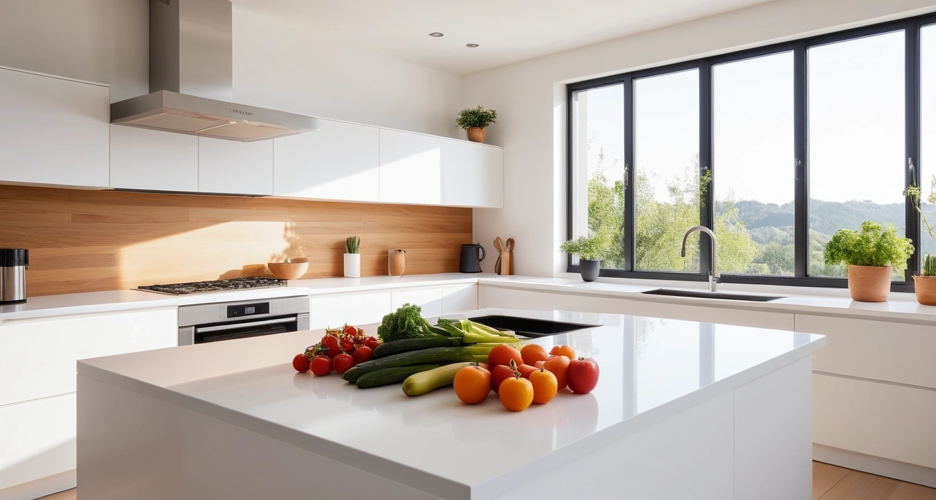 항산화 영양제 - 신체 컨디션에 따른 고효율 항산화 영양제 우선순위 (concept of antioxidant nutrients, a pristine modern kitchen island, fresh vegetables, aesthetic coffee maker, no people)