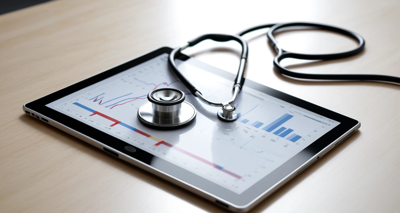 관절염 - 류마티스 관절염 및 합병증의 조기 대응 체계 (concept of arthritis, a professional medical stethoscope resting on a digital tablet displaying health data, no people)