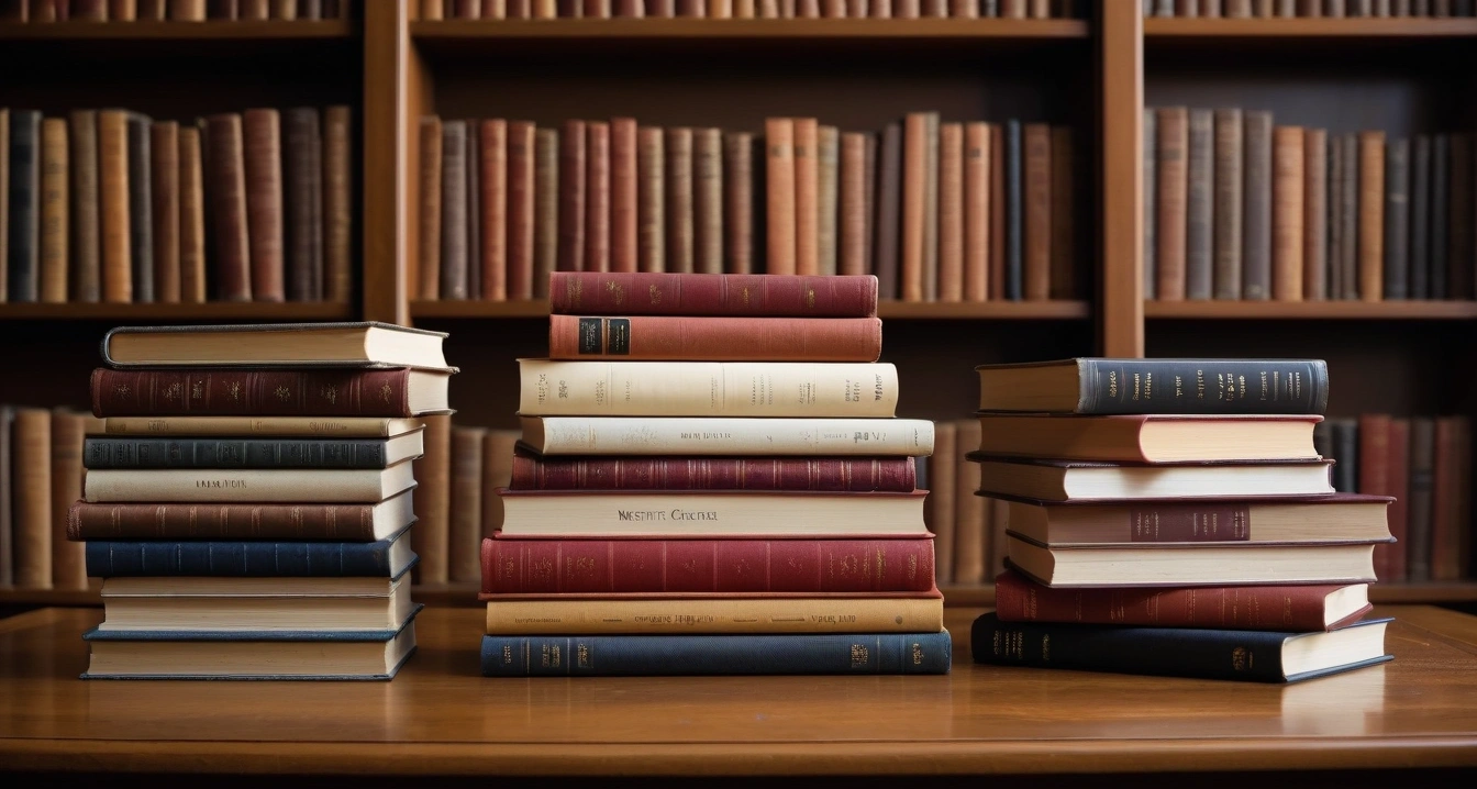 체지방 - 위고비 및 비만 집중 케어제의 의학적 가이드라인 (concept of body fat, a beautifully arranged stack of classic literature books, elegant library table, no people)