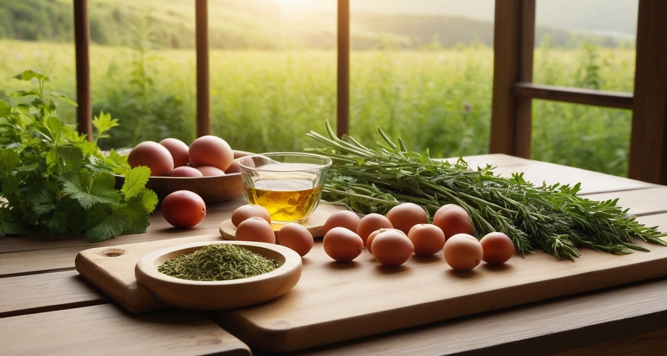 콜레스테롤 - 스타틴 약물 맞춤형 솔루션의 경제적 효용성 (concept of cholesterol, a pristine bright herbal medicine preparation table, fresh green healing herbs, no people)