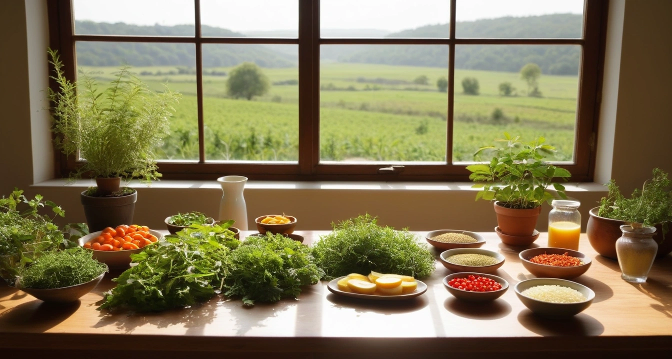 콜레스테롤 - 혈관 관리 중심의 사전 관리 의학 네트워크 활용 (concept of cholesterol, a pristine bright herbal medicine preparation table, fresh green healing herbs, no people)
