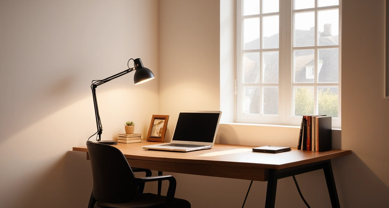 만성질환 - 헬스케어 재테크 앱 활용과 건강한 일상생활의 균형 (concept of chronic concept, a neatly organized modern study desk, warm desk lamp, no people)