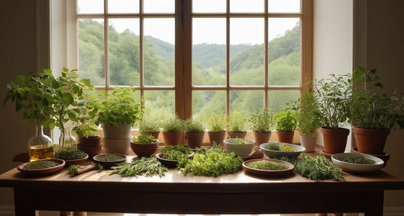 만성 질환 - 식단 및 생활 습관 교정을 위한 영양 관리 앱 (concept of chronic concept, a pristine bright herbal medicine preparation table, fresh green healing herbs, no people)