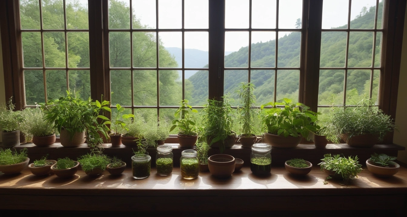 갱년기 - 갱년기 관리 비용 최적화를 위한 금융 및 세제 혜택 (concept of climacteric, a pristine bright herbal medicine preparation table, fresh green healing herbs, no people)