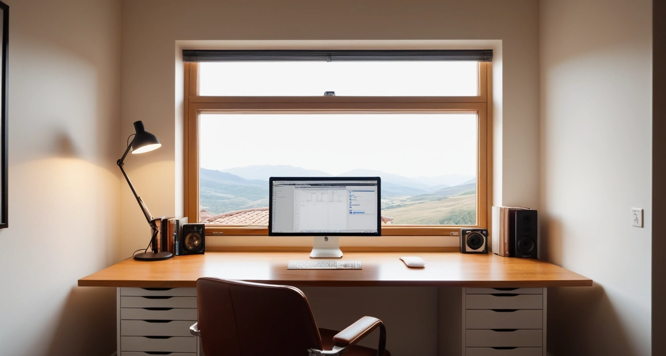 종합검진 - 의료기관 장비 선택과 전문의 상담의 가성비 (concept of Comprehensive checkup, a neatly organized modern study desk, warm desk lamp, no people)