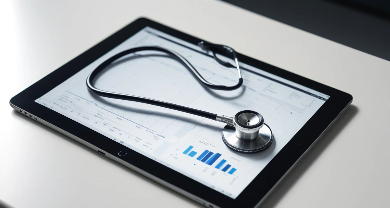 병증 - 의료전달체계 내 상급종합전문 관리 센터 이용 요령 (concept of concept, a professional medical stethoscope resting on a digital tablet displaying health data, no people)