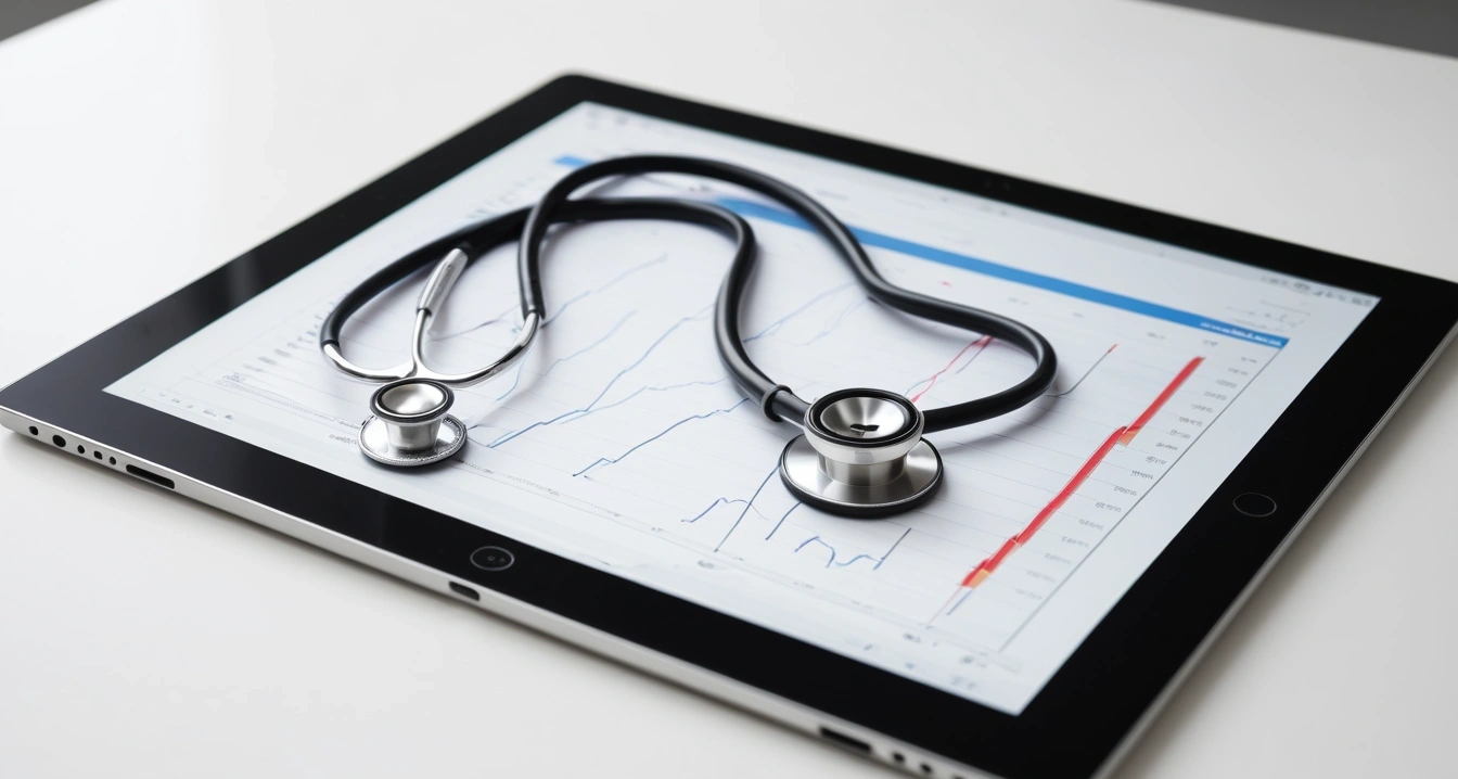 질환 - 응급 상황 발생 시 근처 전문 관리 센터 찾기와 진료 예약 시스템 (concept of concept, a professional medical stethoscope resting on a digital tablet displaying health data, no people)
