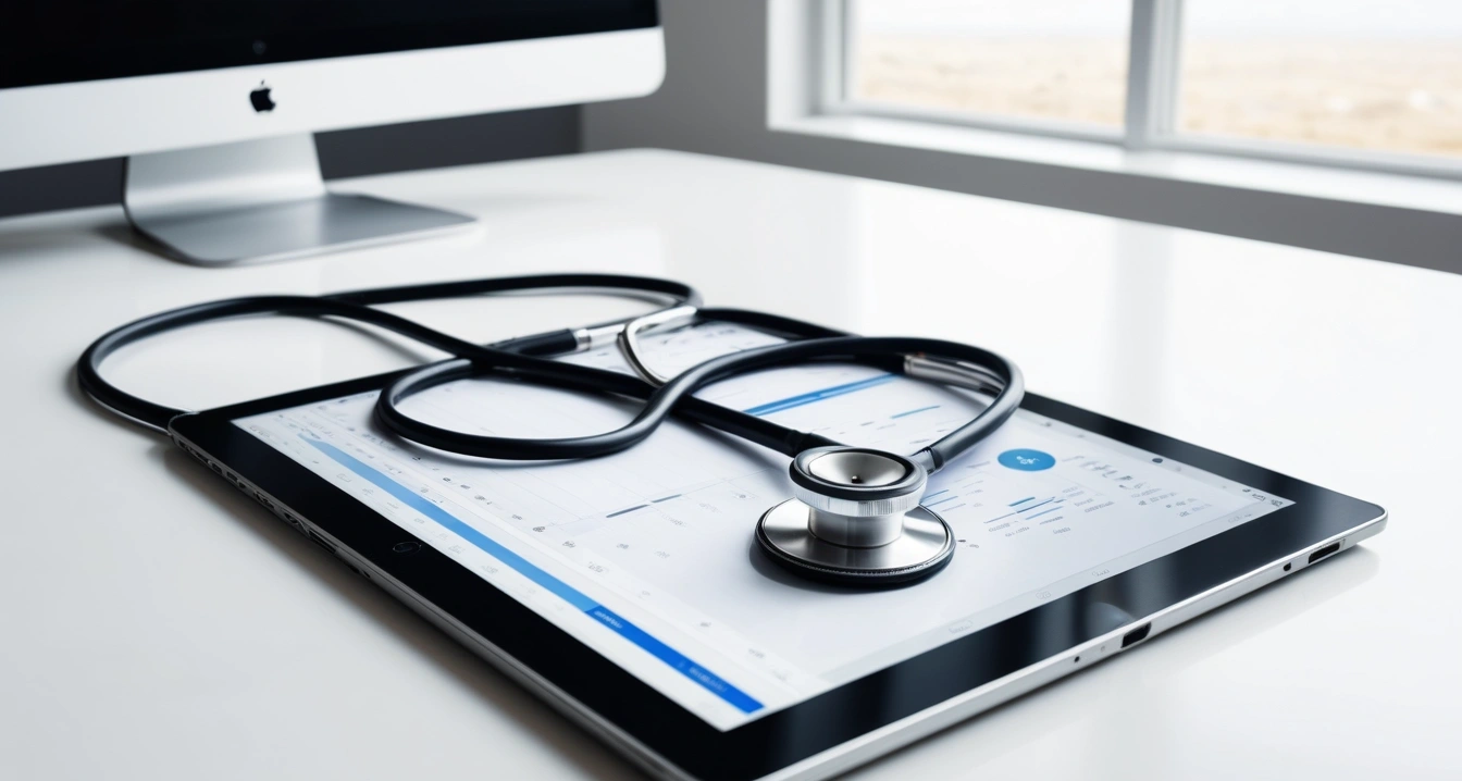 질환 신호 - 만성 피로 증상과 숨겨진 기저 불편함의 팩트체크 (concept of concept signal, a professional medical stethoscope resting on a digital tablet displaying health data, no people)