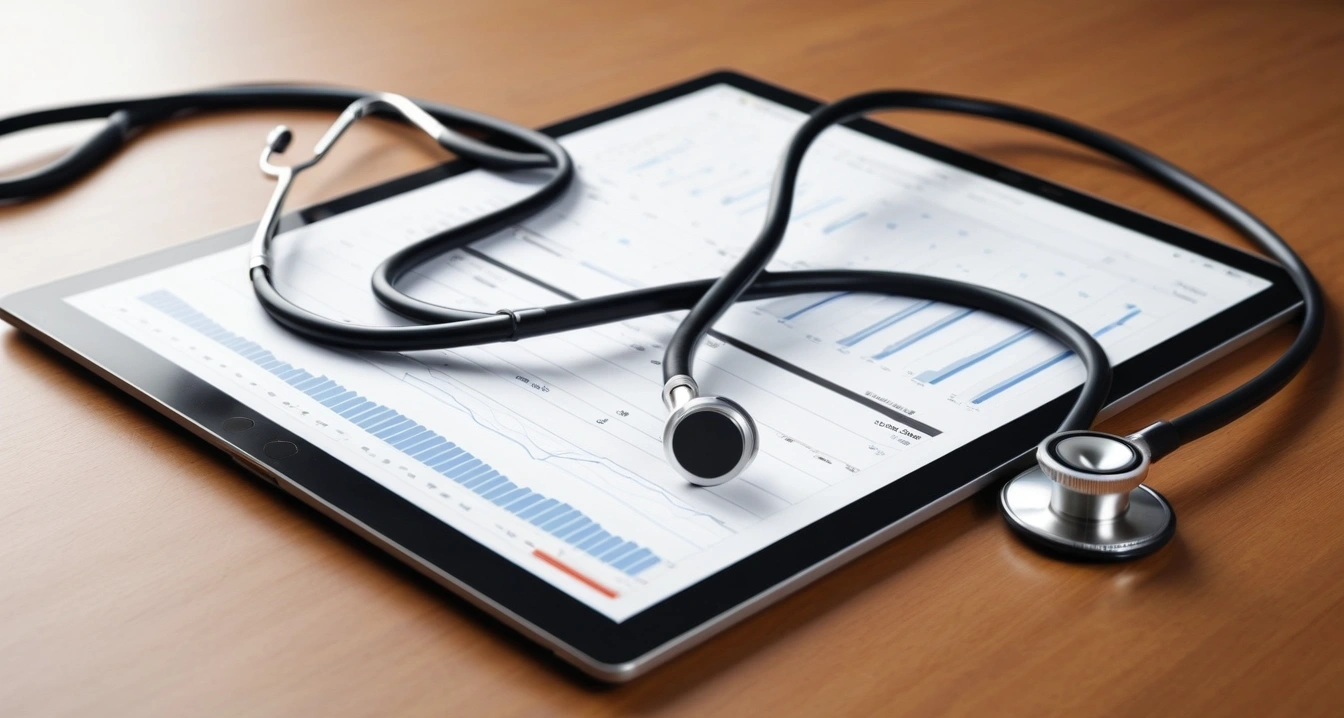 혈당 - 디지털 헬스케어 플랫폼의 신뢰성 검증 (concept of concept sugar, a professional medical stethoscope resting on a digital tablet displaying health data, no people)