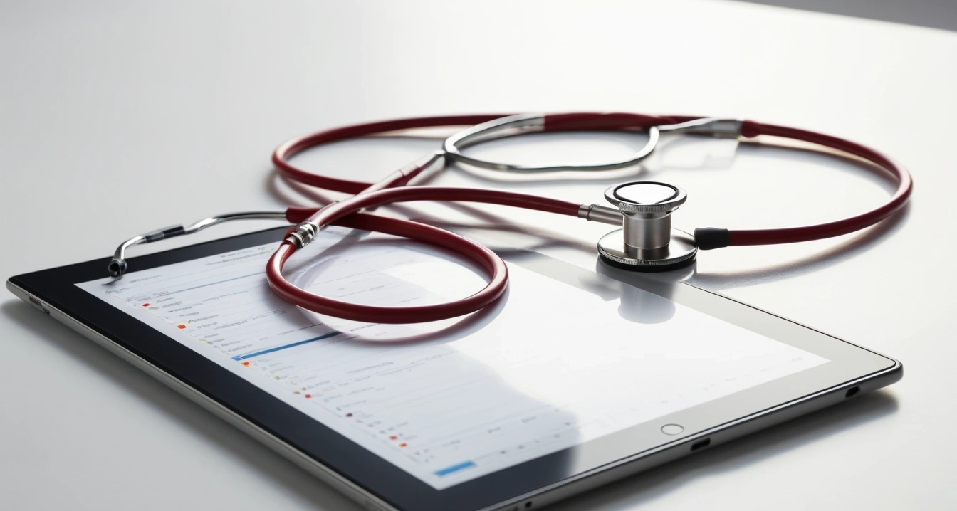 혈당 - 지메이트 시험지 활용한 정밀 혈당 자가진단 (concept of concept sugar, a professional medical stethoscope resting on a digital tablet displaying health data, no people)