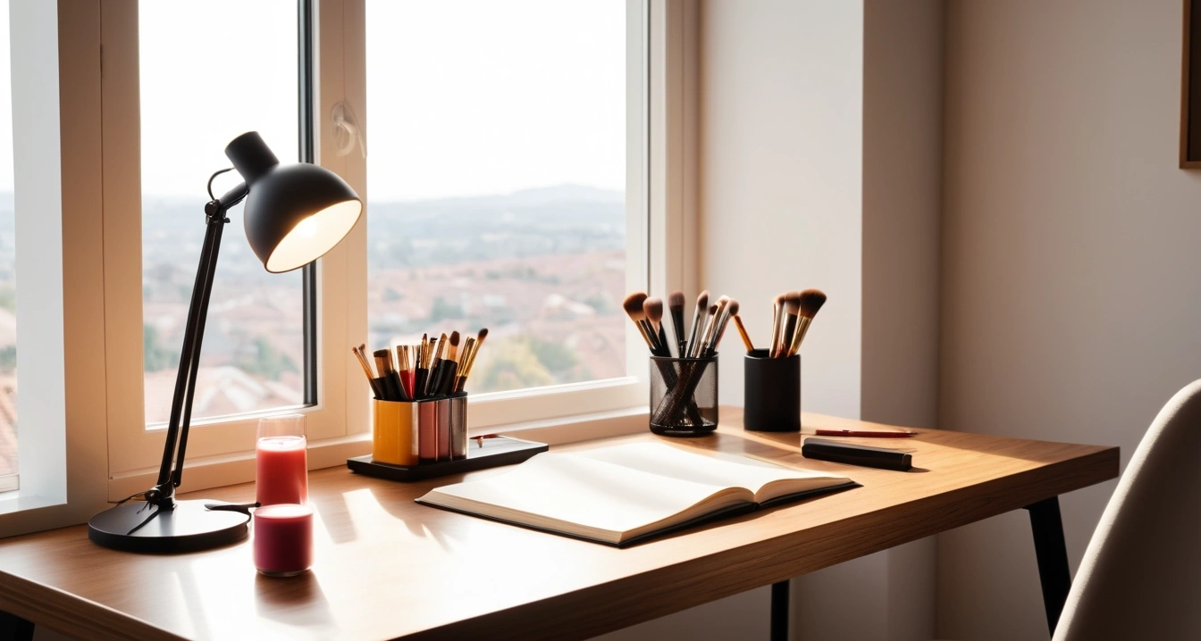 화장품 - 화장품 오픈런과 과잉 소비가 초래하는 치명적 손실 (concept of cosmetics, a neatly organized modern study desk, warm desk lamp, no people)