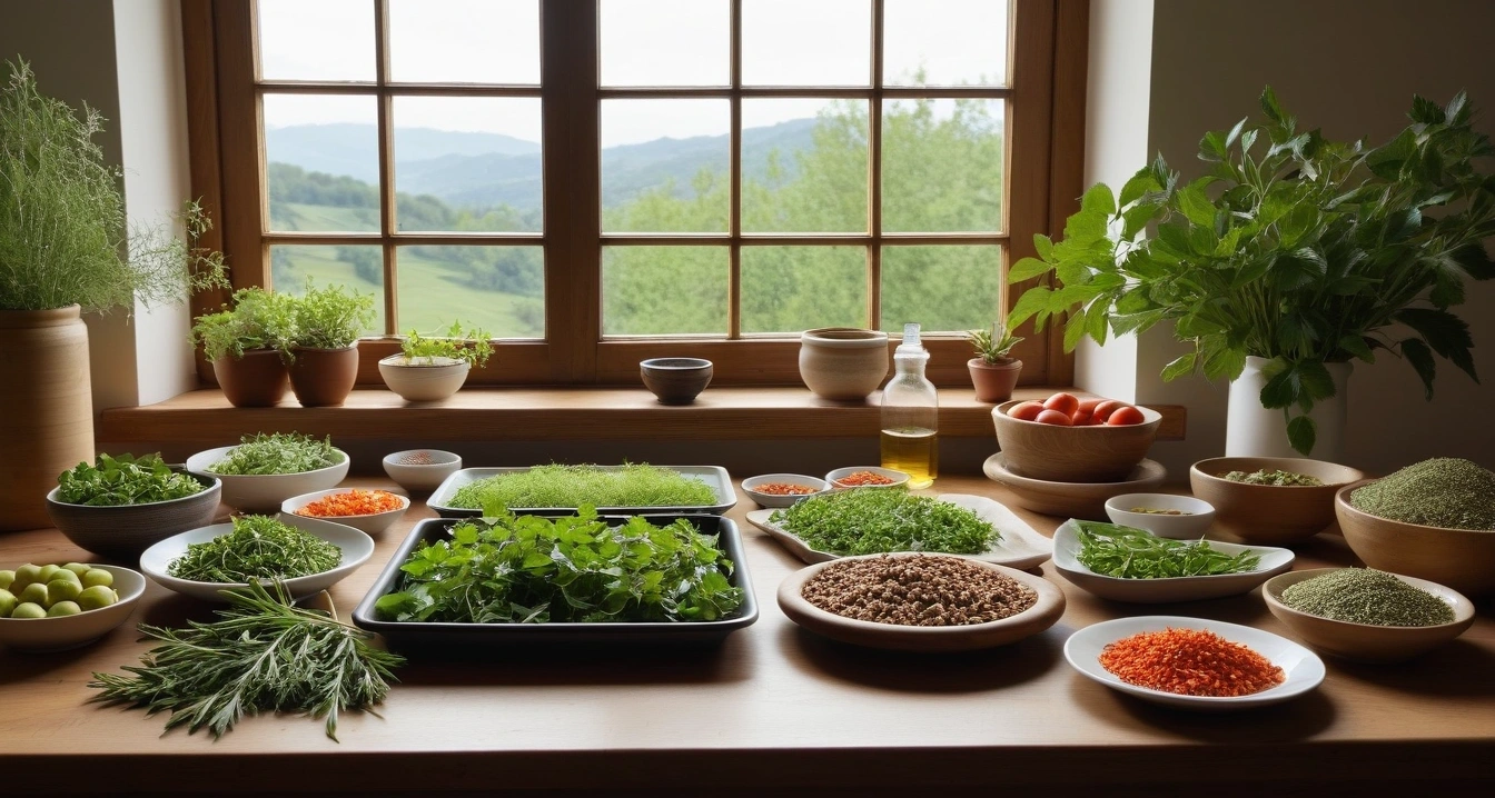 맞춤 식단 - 구독 서비스와 연동되는 스마트폰 건강 애플리케이션의 함정 (concept of custom diet, a pristine bright herbal medicine preparation table, fresh green healing herbs, no people)