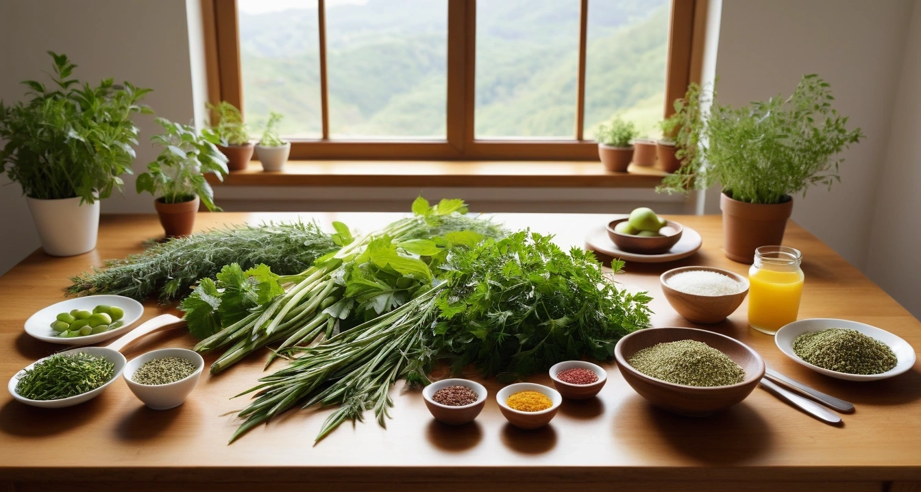 맞춤 식단 - 냉장고 속 식재료 관리와 식단 밀프렙의 경제성 분석 (concept of custom diet, a pristine bright herbal medicine preparation table, fresh green healing herbs, no people)