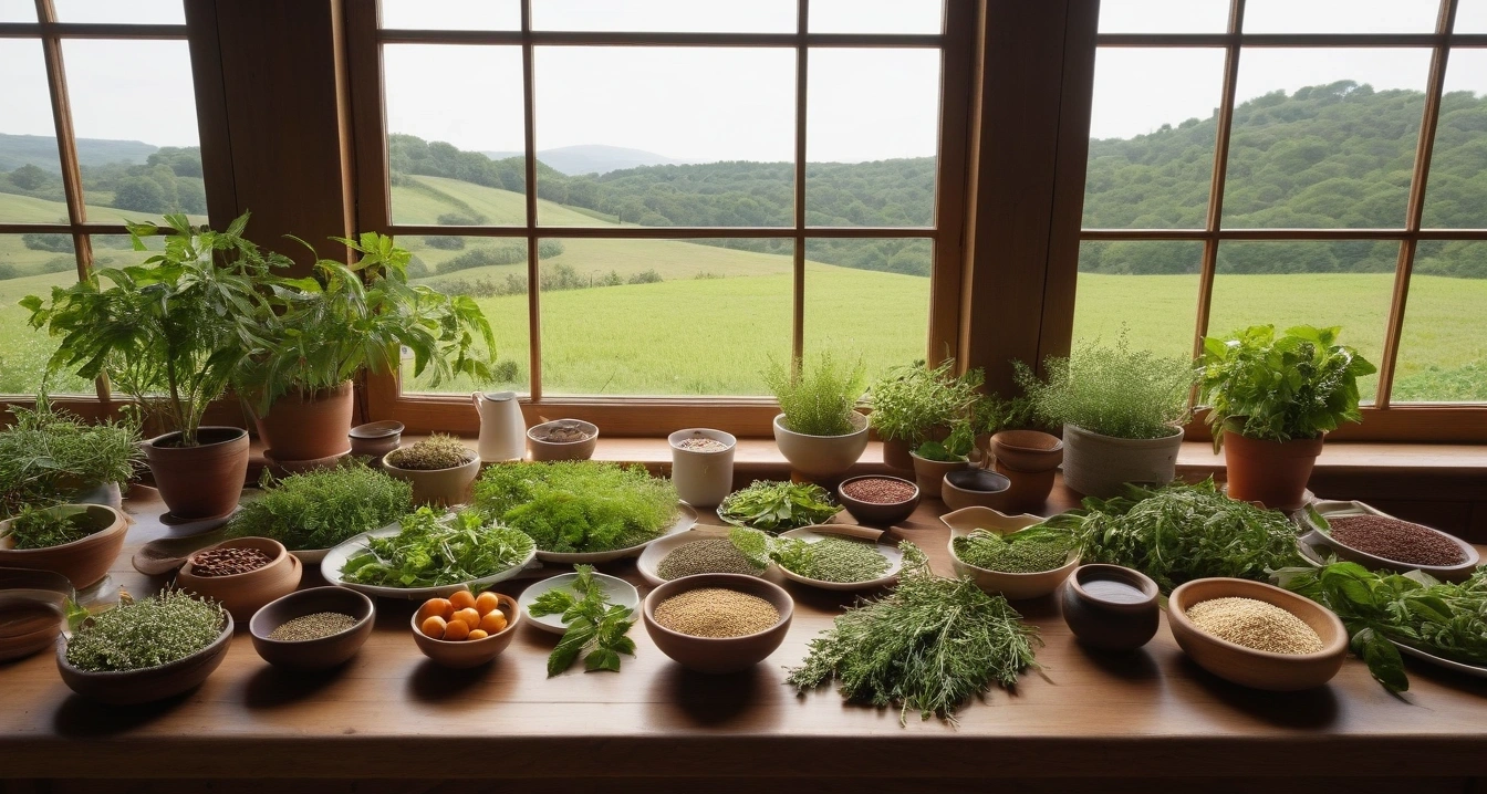 맞춤 식단 - 회식과 경조사를 대비한 예외적 식단 조절 플랜 (concept of custom diet, a pristine bright herbal medicine preparation table, fresh green healing herbs, no people)
