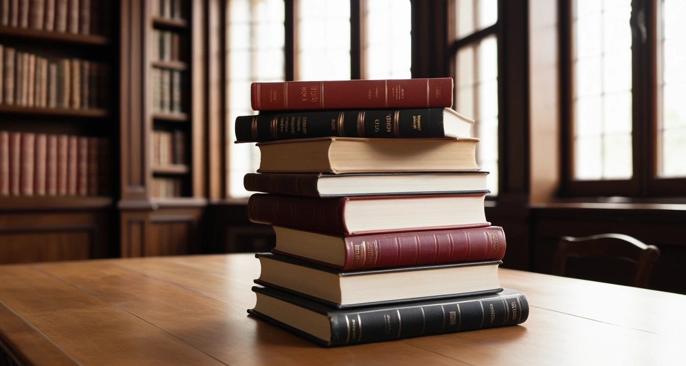 식이요법 - 영양소 결핍이 유발하는 생체 호르몬 불균형 (concept of diet, a beautifully arranged stack of classic literature books, elegant library table, no people)