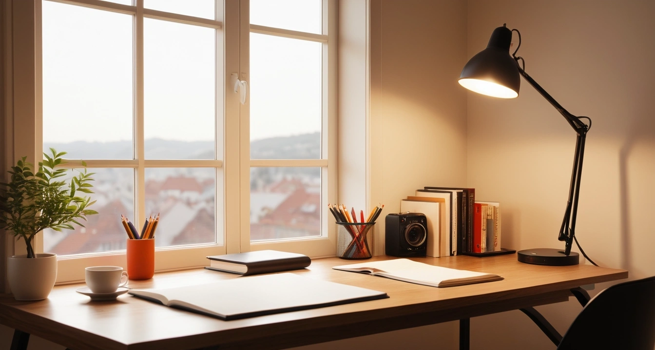 다이어트 - 통신비 다이어트와 연동한 자기계발 예산 확보 (concept of diet, a neatly organized modern study desk, warm desk lamp, no people)