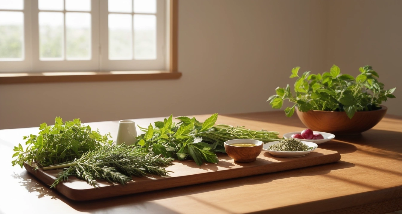 소화효소 - 영양 흡수율을 극대화하는 보조 영양제와 프로바이오틱스의 조합 (concept of digestive enzymes, a pristine bright herbal medicine preparation table, fresh green healing herbs, no people)