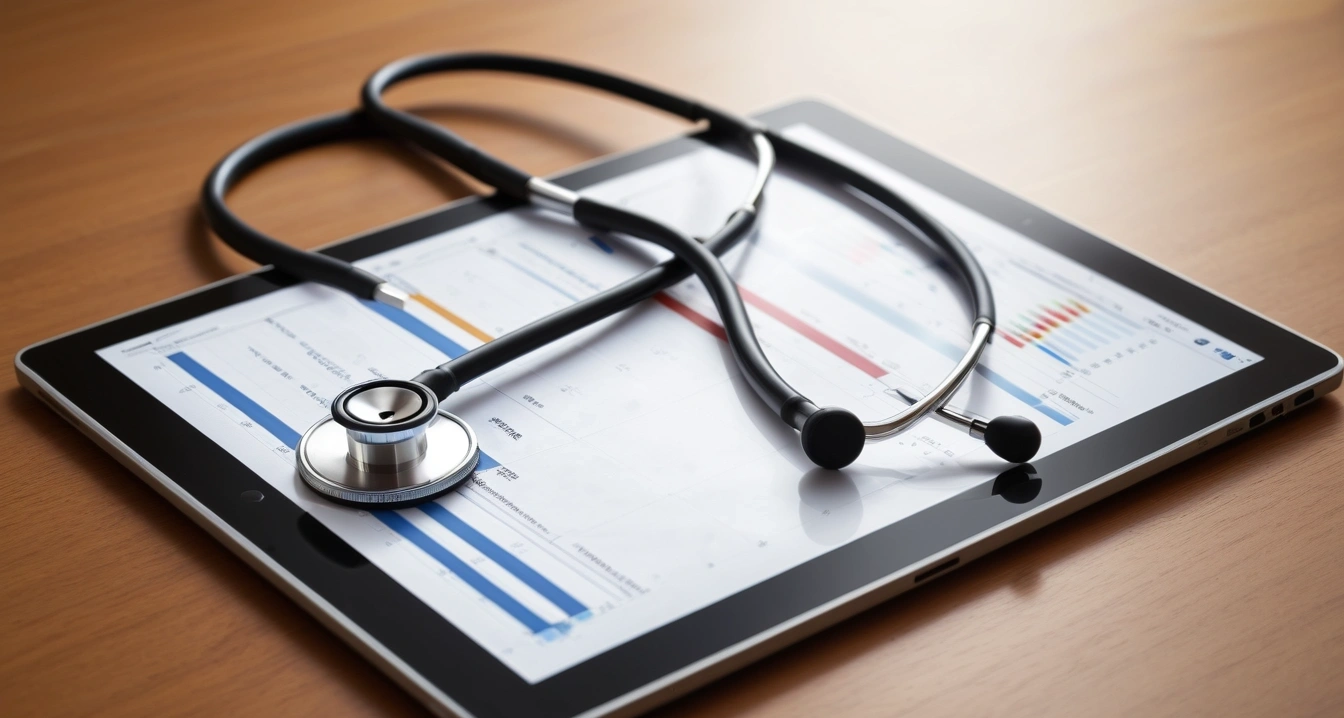 소화효소 - 여름철 위장 편안함을 위한 최적의 소화효소 선택 가이드 (concept of digestive enzymes, a professional medical stethoscope resting on a digital tablet displaying health data, no people)