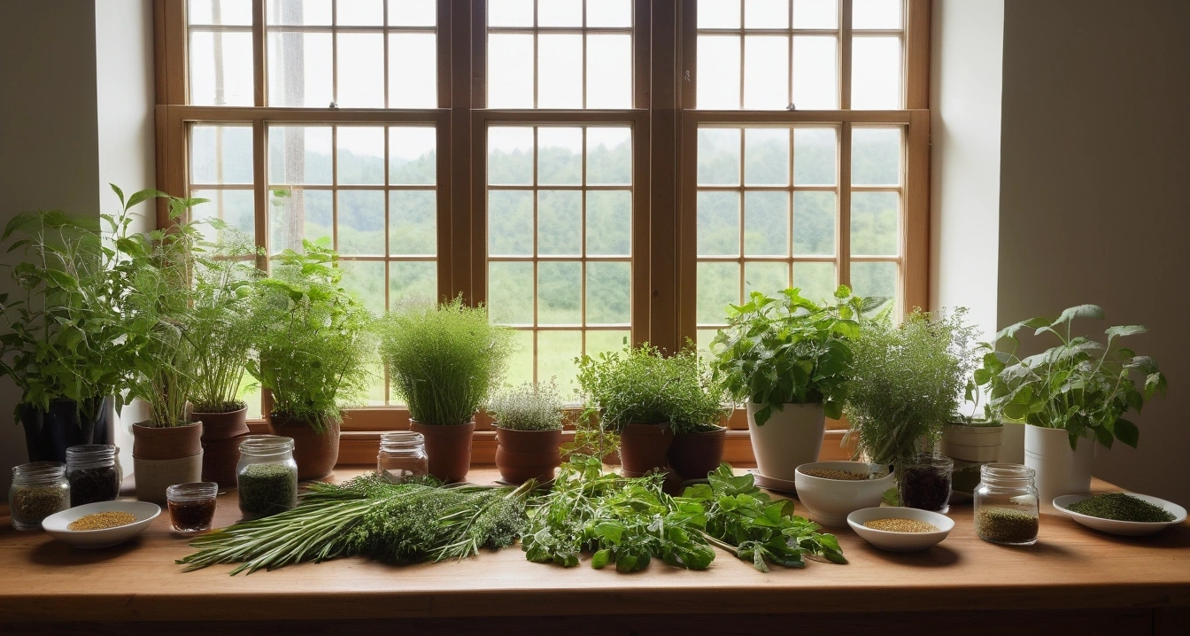 초기 증상 - 혈당 관리병이 보내는 침묵의 경고 (concept of early symptoms, a pristine bright herbal medicine preparation table, fresh green healing herbs, no people)