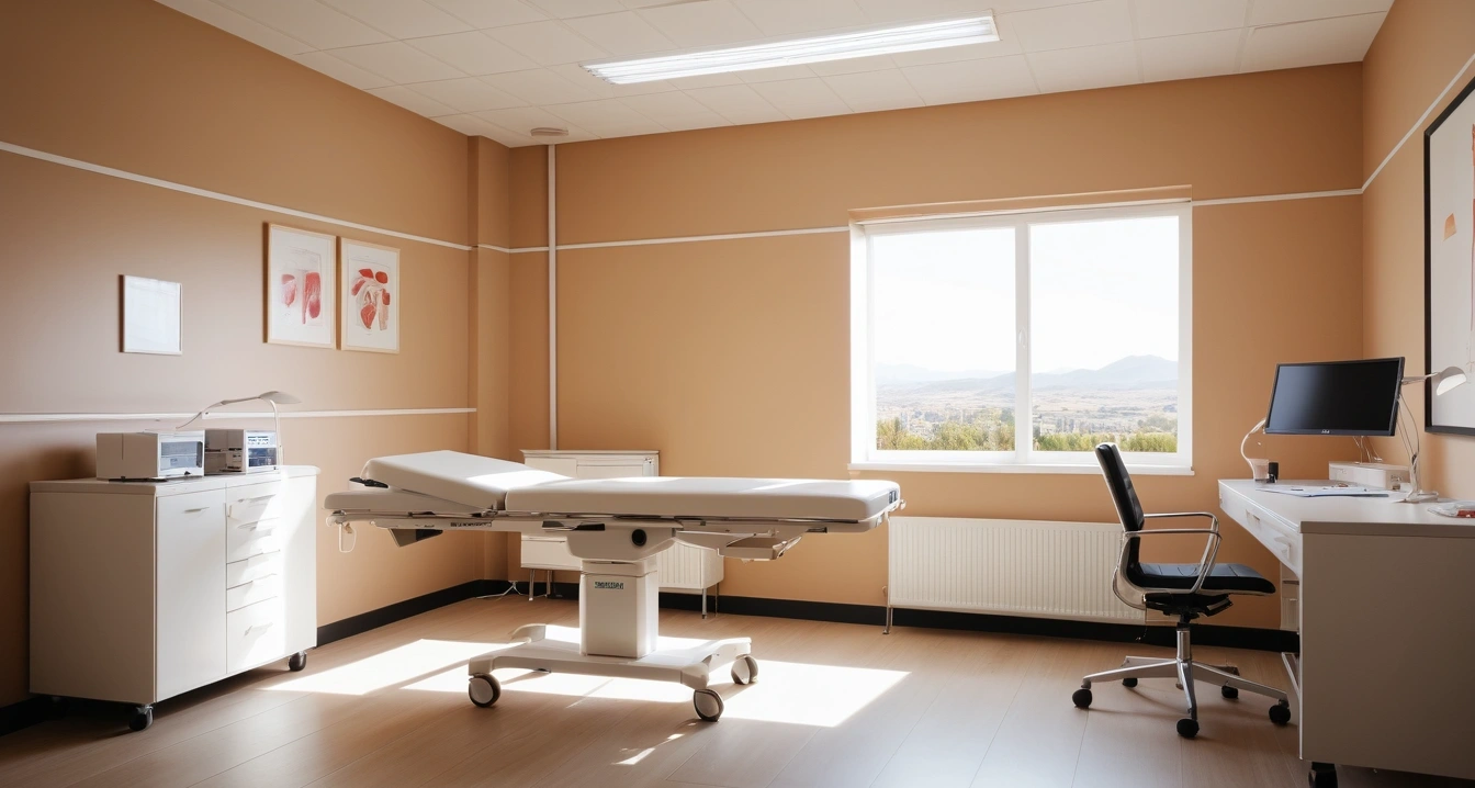 응급실 - 응급실 진료 효율을 높이는 전문 관리 센터 안내 시스템 활용 (concept of emergency room, a neatly organized modern study desk, warm desk lamp, no people)