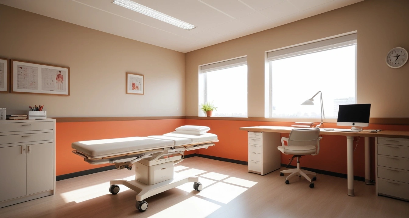 응급실 - 의료 기록 확보를 위한 응급실 실비 보험 청구 준비 (concept of emergency room, a neatly organized modern study desk, warm desk lamp, no people)