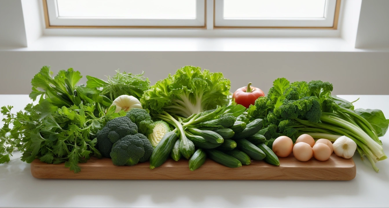 당뇨 식단 - 식단 관리 앱 및 플랫폼 멤버십 혜택의 효율성 검증 (concept of Fresh green vegetables and healthy salad diet diet plan, a pristine bright herbal medicine preparation table, fresh green healing herbs, no people)