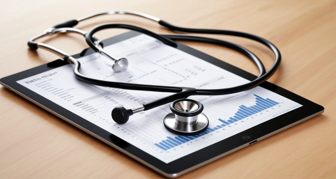 잇몸 질환 - 구강 마이크로바이옴 관리를 통한 치주 불편함 사전 차단 (concept of gum concept, a professional medical stethoscope resting on a digital tablet displaying health data, no people)