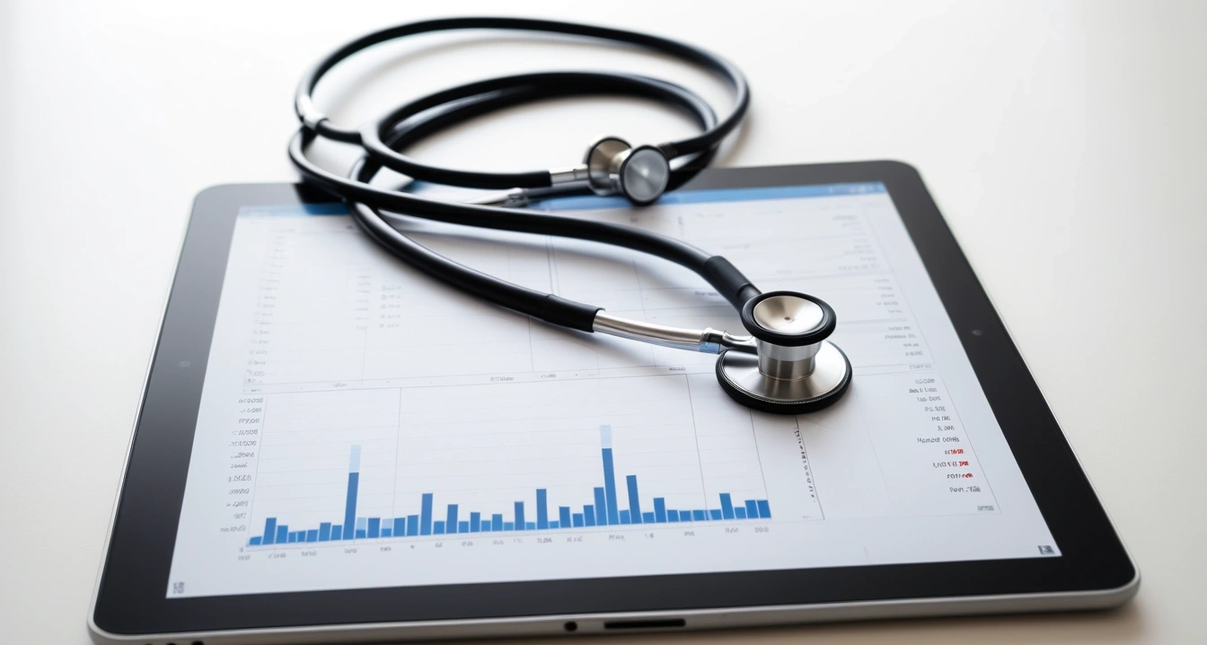 건강검진 - 이상 수치 발견 시 진료 의뢰서 발급 필수 리스트 (concept of health checkup, a professional medical stethoscope resting on a digital tablet displaying health data, no people)