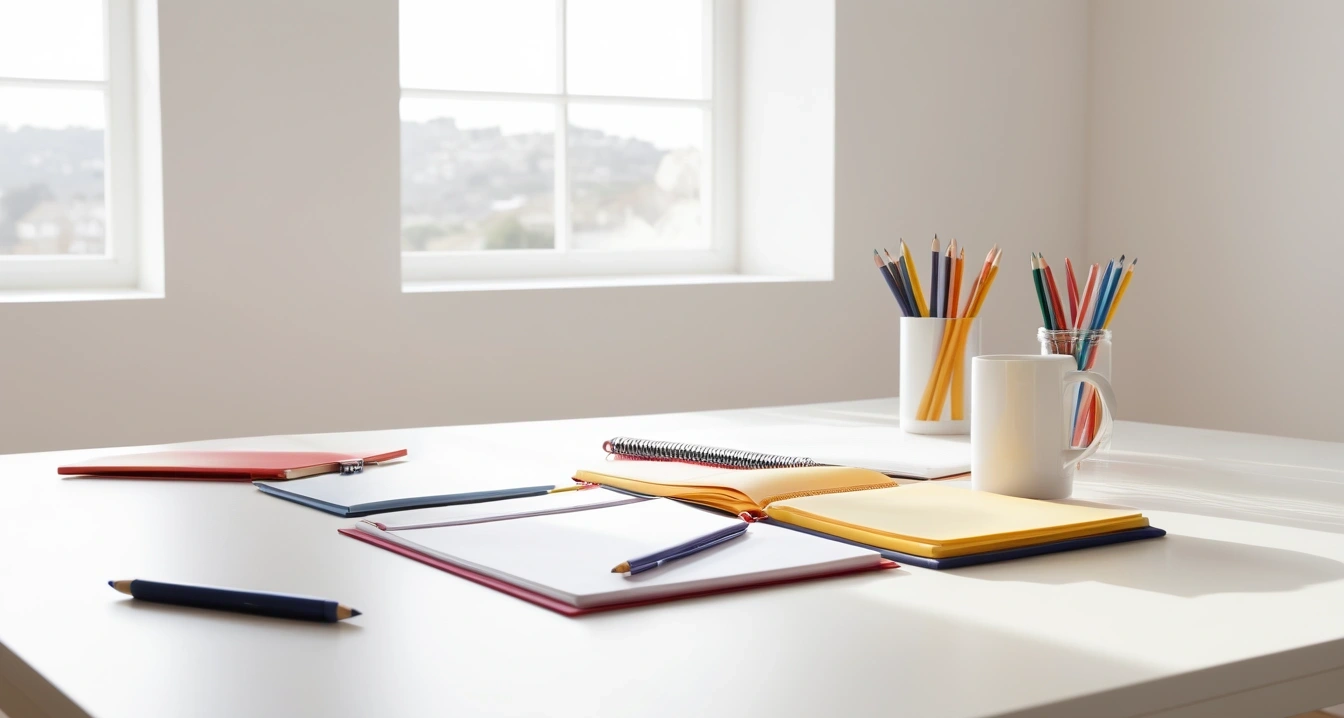 건강 상식 - 돌발성 난청과 청력 검사 기기의 함정 (concept of health common sense, a clean minimalist workspace, organized colorful stationery, productivity aesthetic, no people)