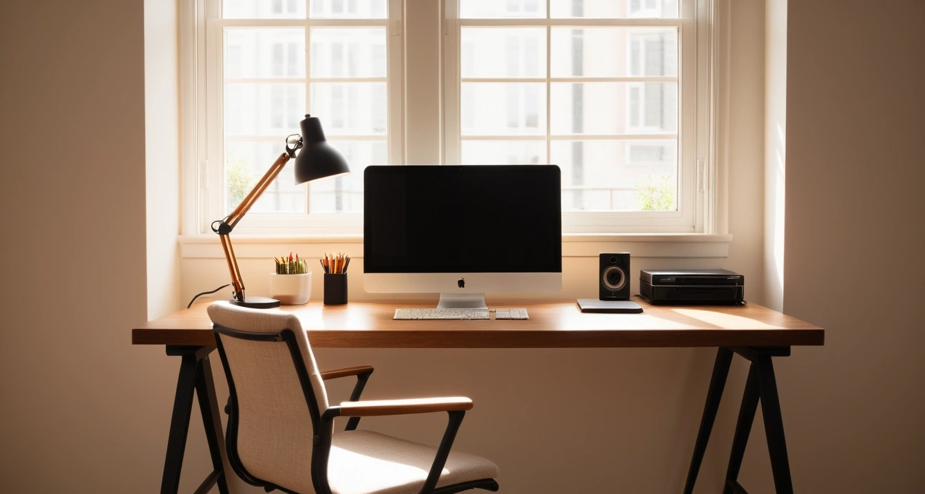 홈케어 - 웰니스 영토 확장을 위한 이너케어 보조제 활용 (concept of home care, a neatly organized modern study desk, warm desk lamp, no people)