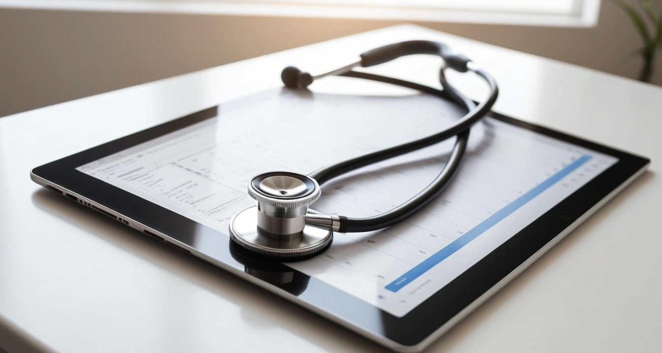 홈케어 - 디지털 구독 서비스로 완성하는 맞춤형 홈케어 프로그램 (concept of home care, a professional medical stethoscope resting on a digital tablet displaying health data, no people)