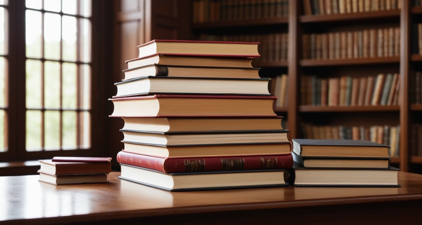 면역력 - 가계부와 영양제 구매 이력 분석 전략 (concept of immunity, a beautifully arranged stack of classic literature books, elegant library table, no people)