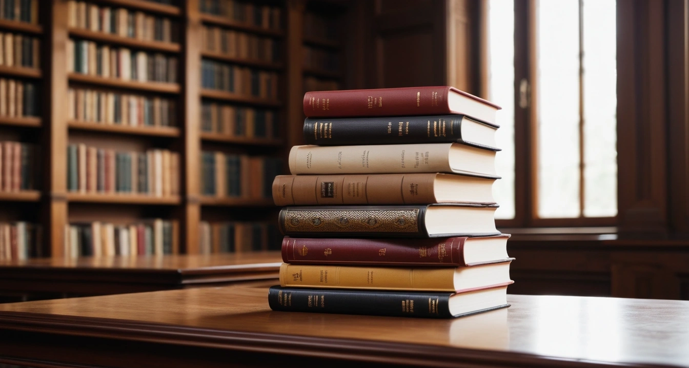 면역력 - 디지털 기기 알림 설정을 통한 멘탈 면역력 방어 루틴 (concept of immunity, a beautifully arranged stack of classic literature books, elegant library table, no people)