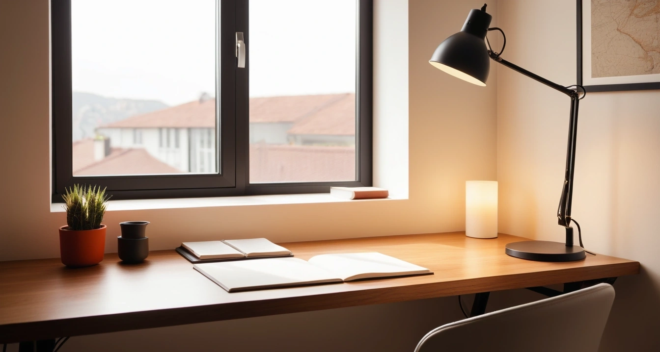 면역력 - 오피스 데스크와 차량 내부를 활용한 간편 스트레칭 도구 (concept of immunity, a neatly organized modern study desk, warm desk lamp, no people)