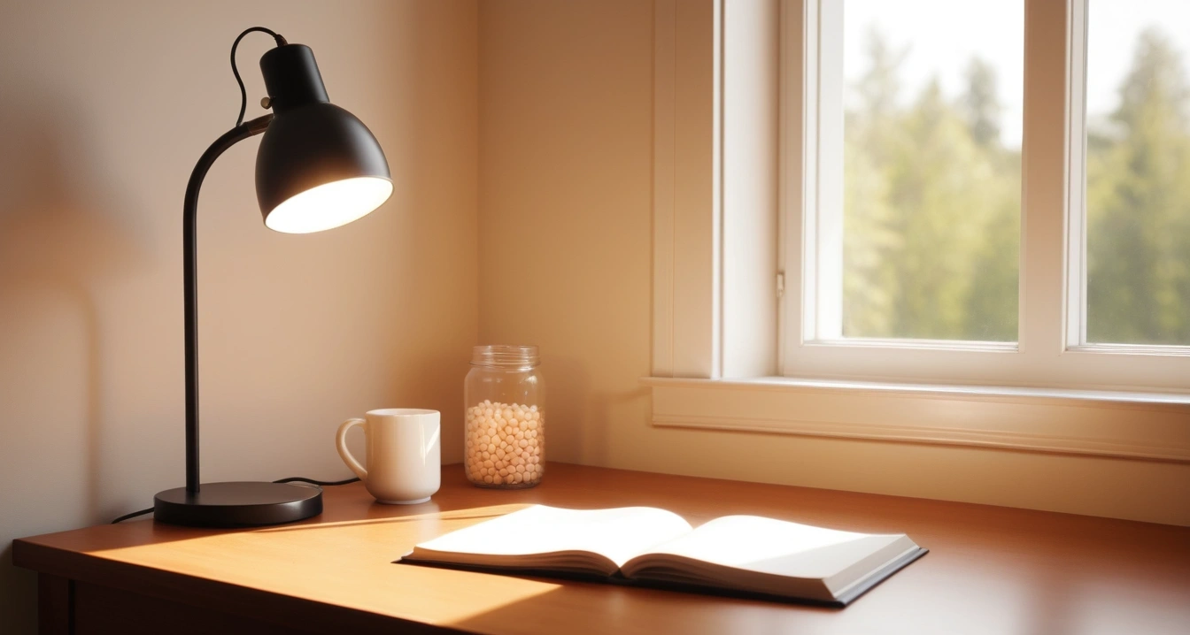 유산균 - 장마철 온습도 관리가 장 건강에 미치는 영향 (concept of Lactobacillus, a neatly organized modern study desk, warm desk lamp, no people)