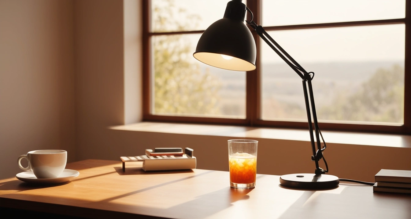유산균 - 장 건강 유지를 위한 여름철 생활 밀착형 영양 관리 (concept of Lactobacillus, a neatly organized modern study desk, warm desk lamp, no people)